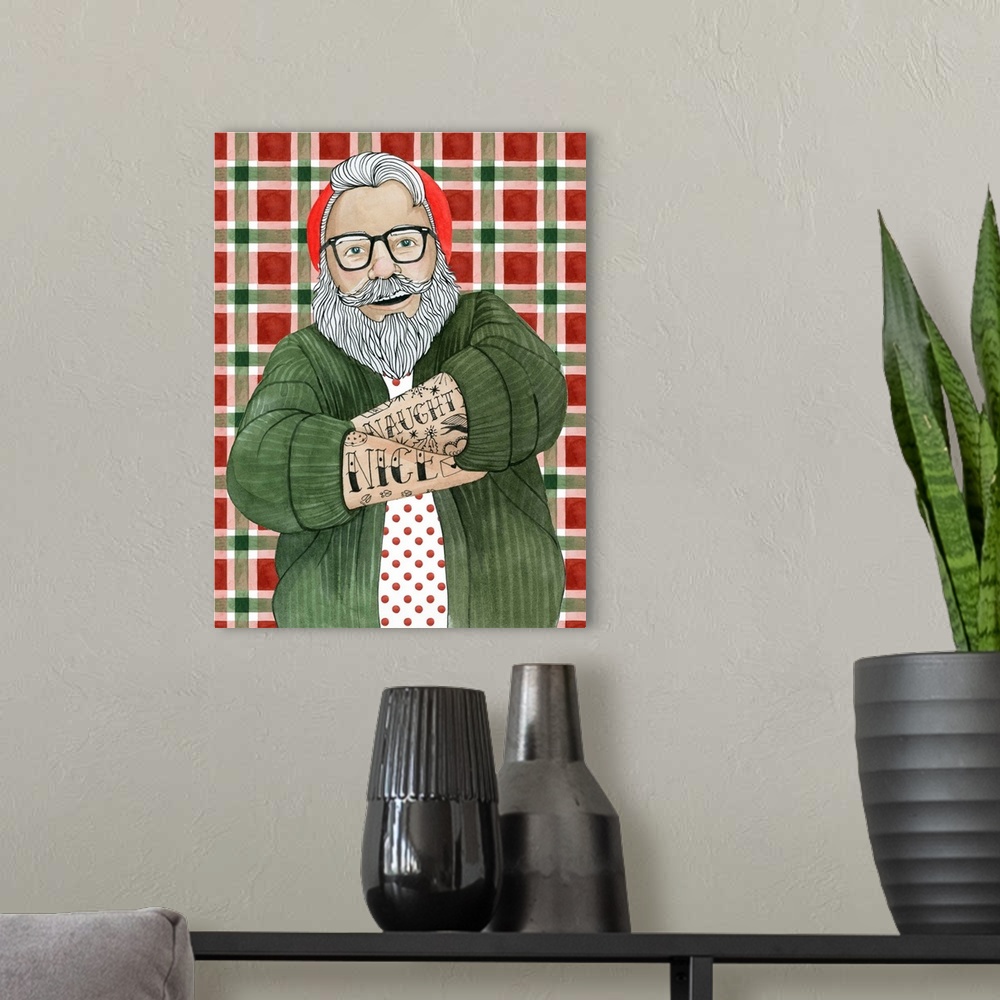 A modern room featuring Fun and contemporary Christmas decor of a hipster Santa Claus covered in tattoos wearing glasses ...