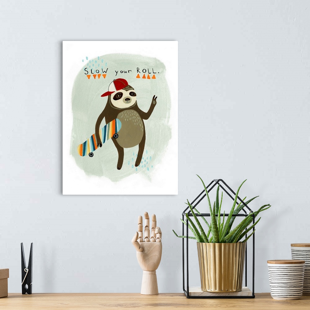 A bohemian room featuring Fun children's artwork of a hipster sloth with a skateboard and backwards cap.