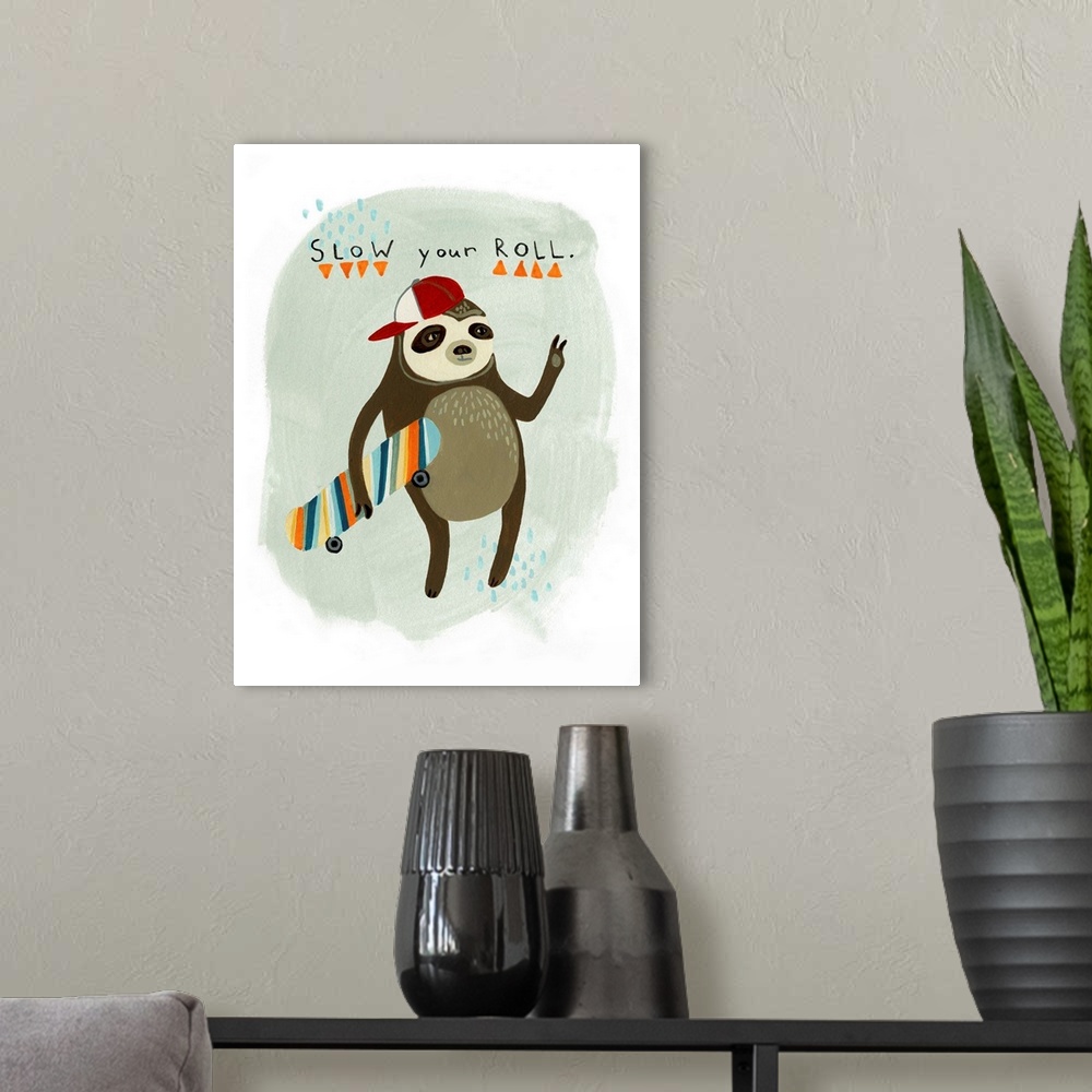 A modern room featuring Fun children's artwork of a hipster sloth with a skateboard and backwards cap.