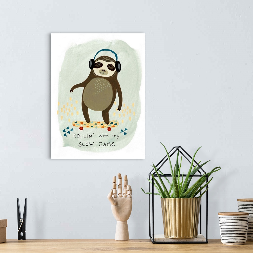 A bohemian room featuring Fun children's artwork of a hipster sloth with a skateboard and headphones.