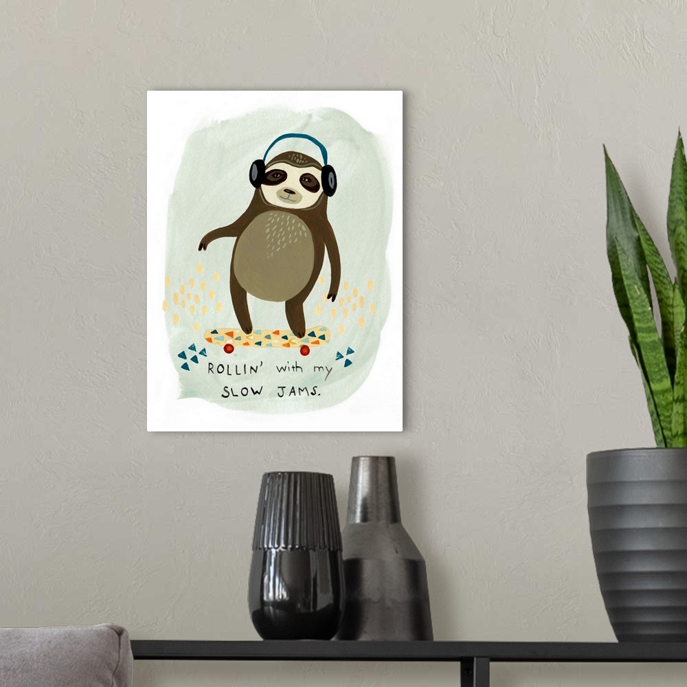 A modern room featuring Fun children's artwork of a hipster sloth with a skateboard and headphones.