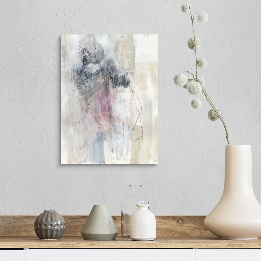 A farmhouse room featuring Contemporary abstract painting in neutral tones with hints of pink.