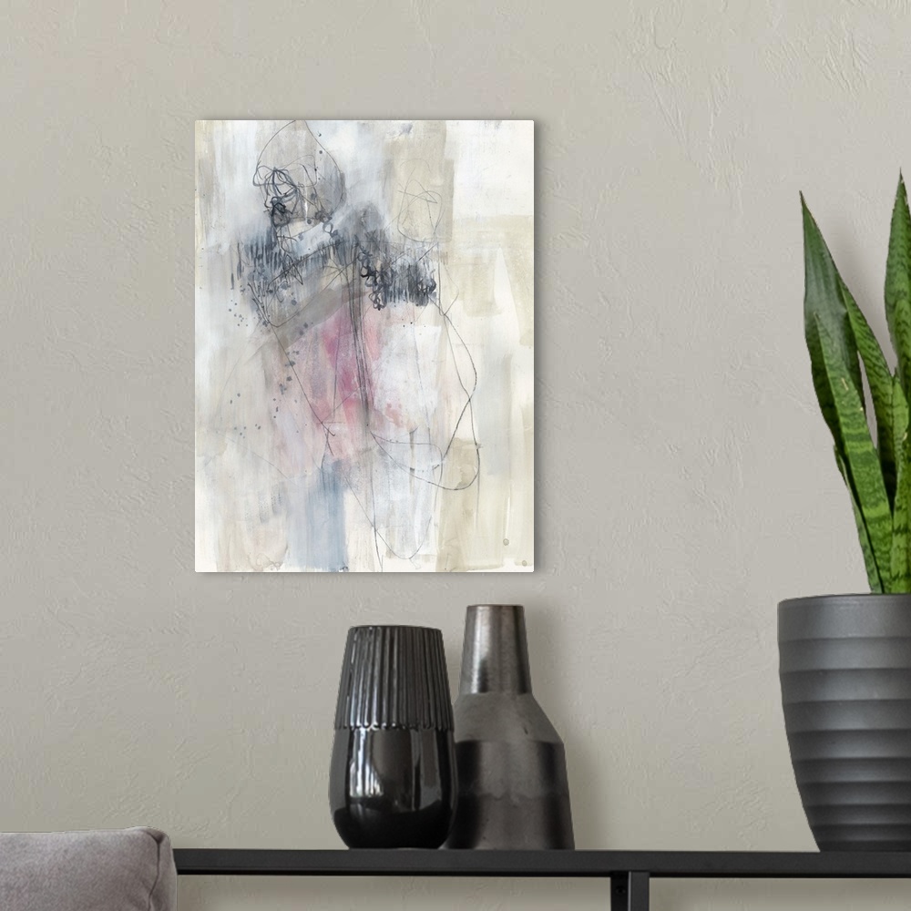 A modern room featuring Contemporary abstract painting in neutral tones with hints of pink.