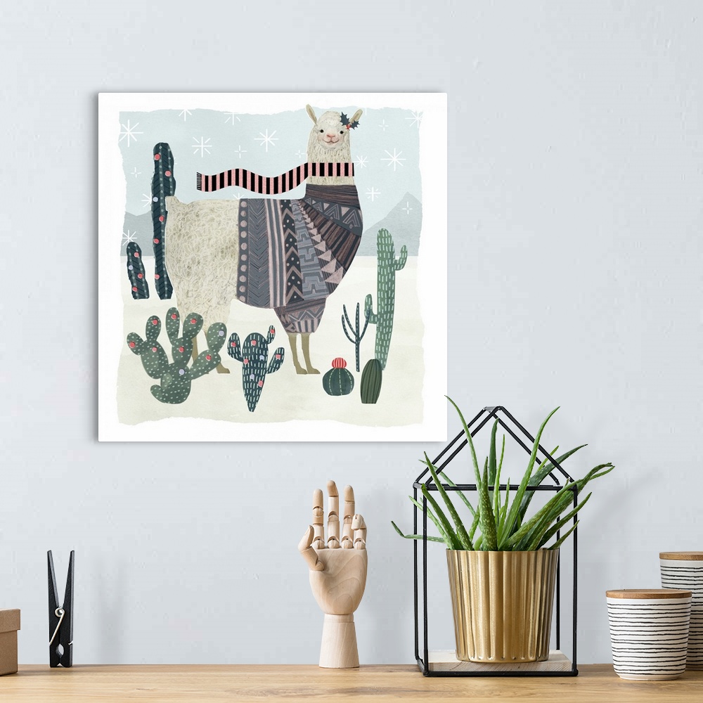 A bohemian room featuring An amusing llama wearing a patterned sweater walks through a desert with cacti in this decorative...