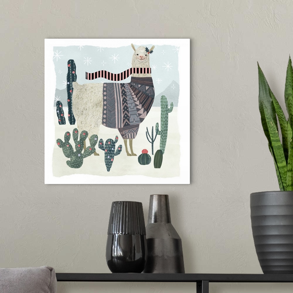 A modern room featuring An amusing llama wearing a patterned sweater walks through a desert with cacti in this decorative...