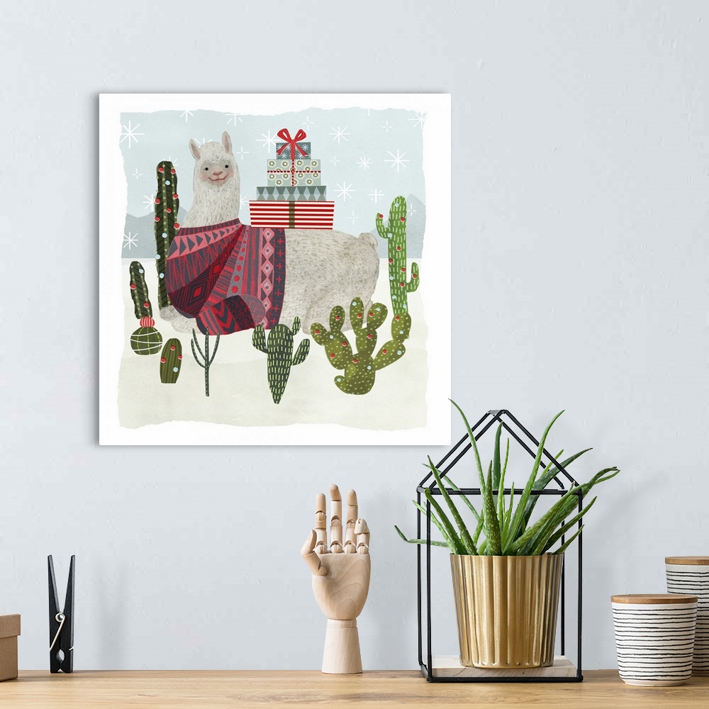 A bohemian room featuring An amusing llama wearing a patterned sweater sits in a desert with cacti in this decorative artwork.