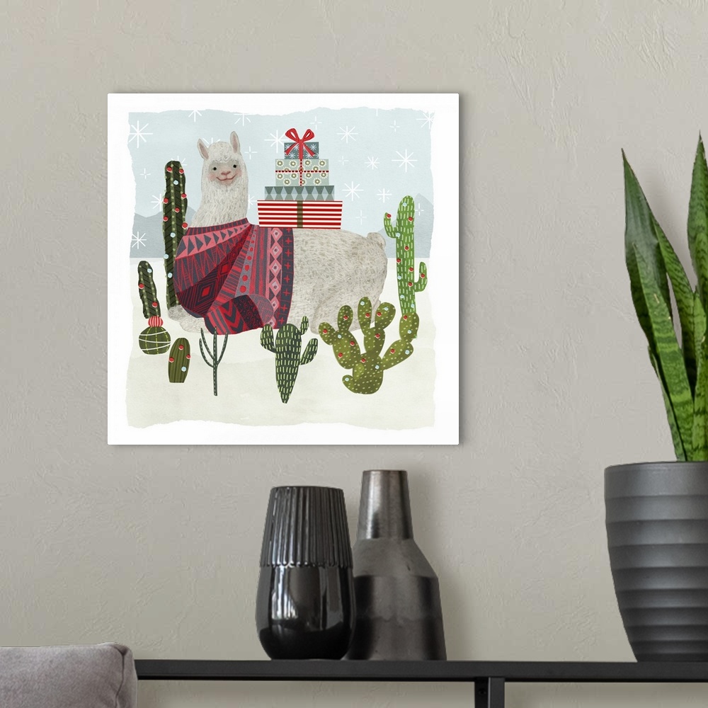 A modern room featuring An amusing llama wearing a patterned sweater sits in a desert with cacti in this decorative artwork.