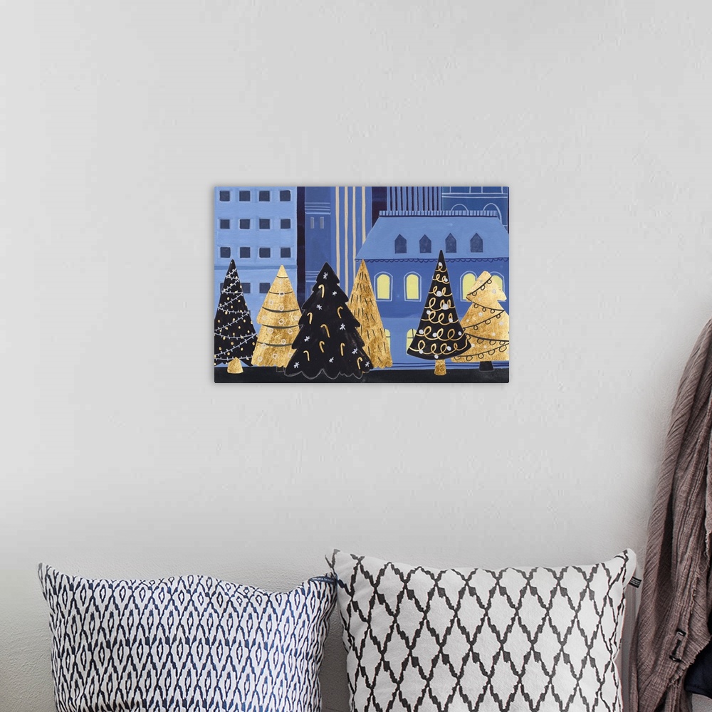 A bohemian room featuring Holiday Night trees