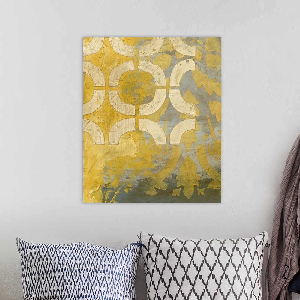 A bohemian room featuring Vertical, giant, contemporary wall painting of harsh, thick, yellow brush strokes on a grey backg...
