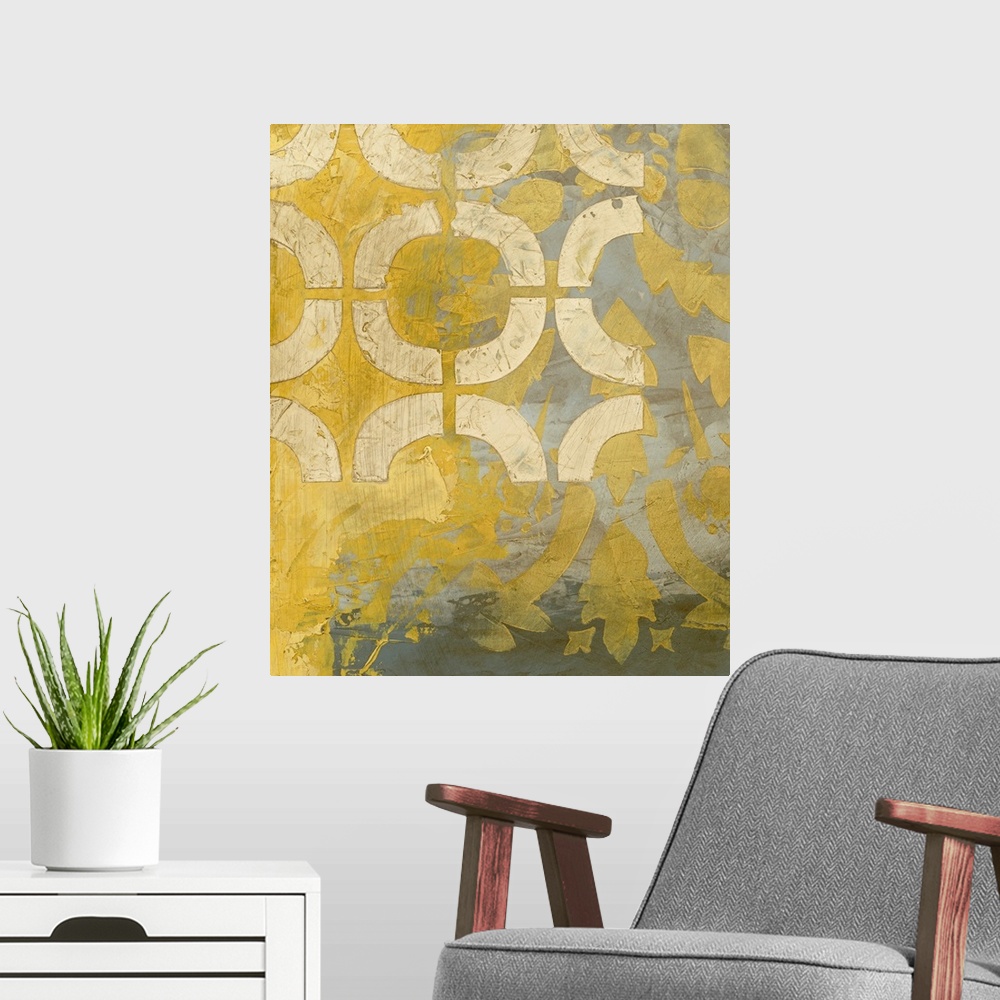 A modern room featuring Vertical, giant, contemporary wall painting of harsh, thick, yellow brush strokes on a grey backg...