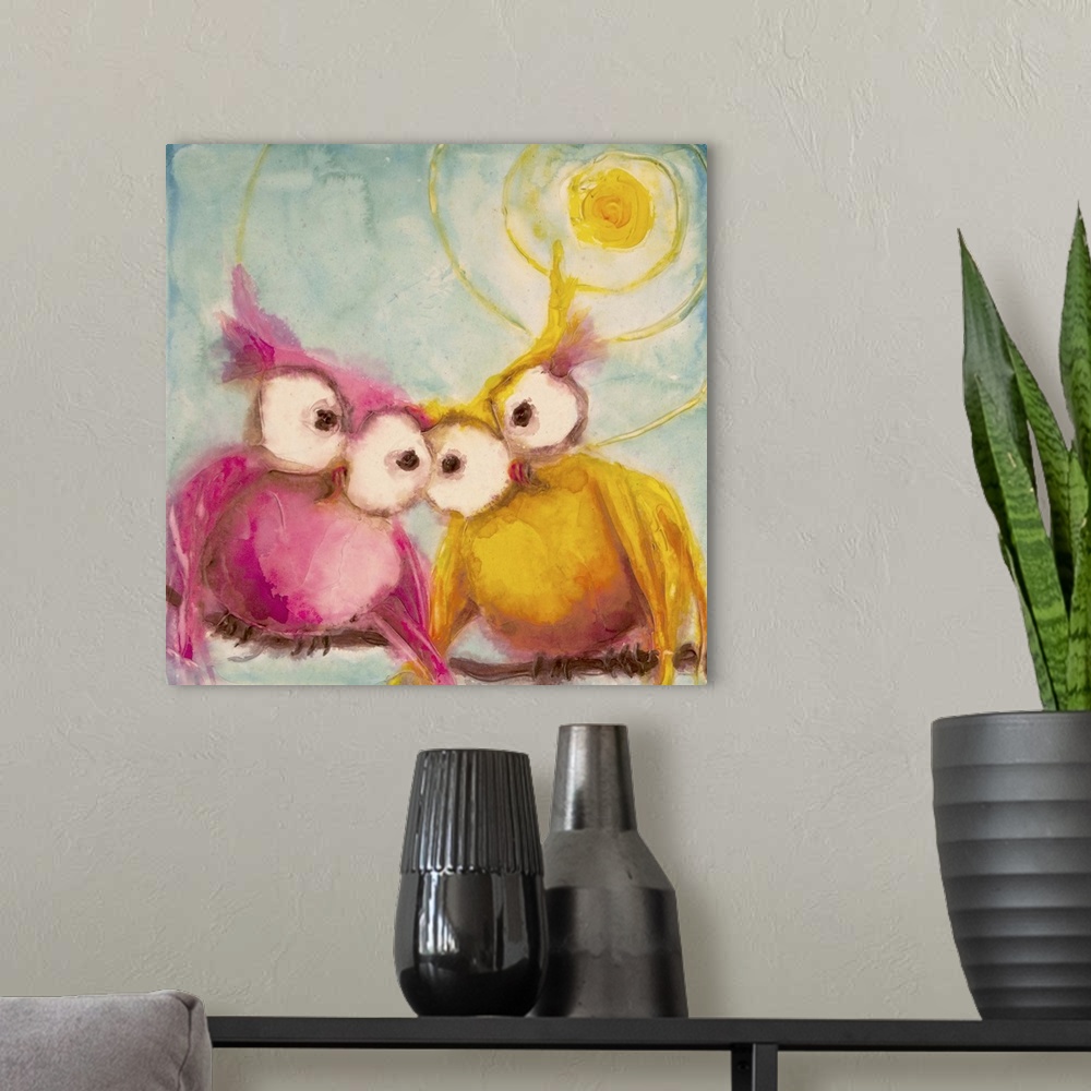 A modern room featuring Cute painting of two owls with large eyes in love under the bright sun.