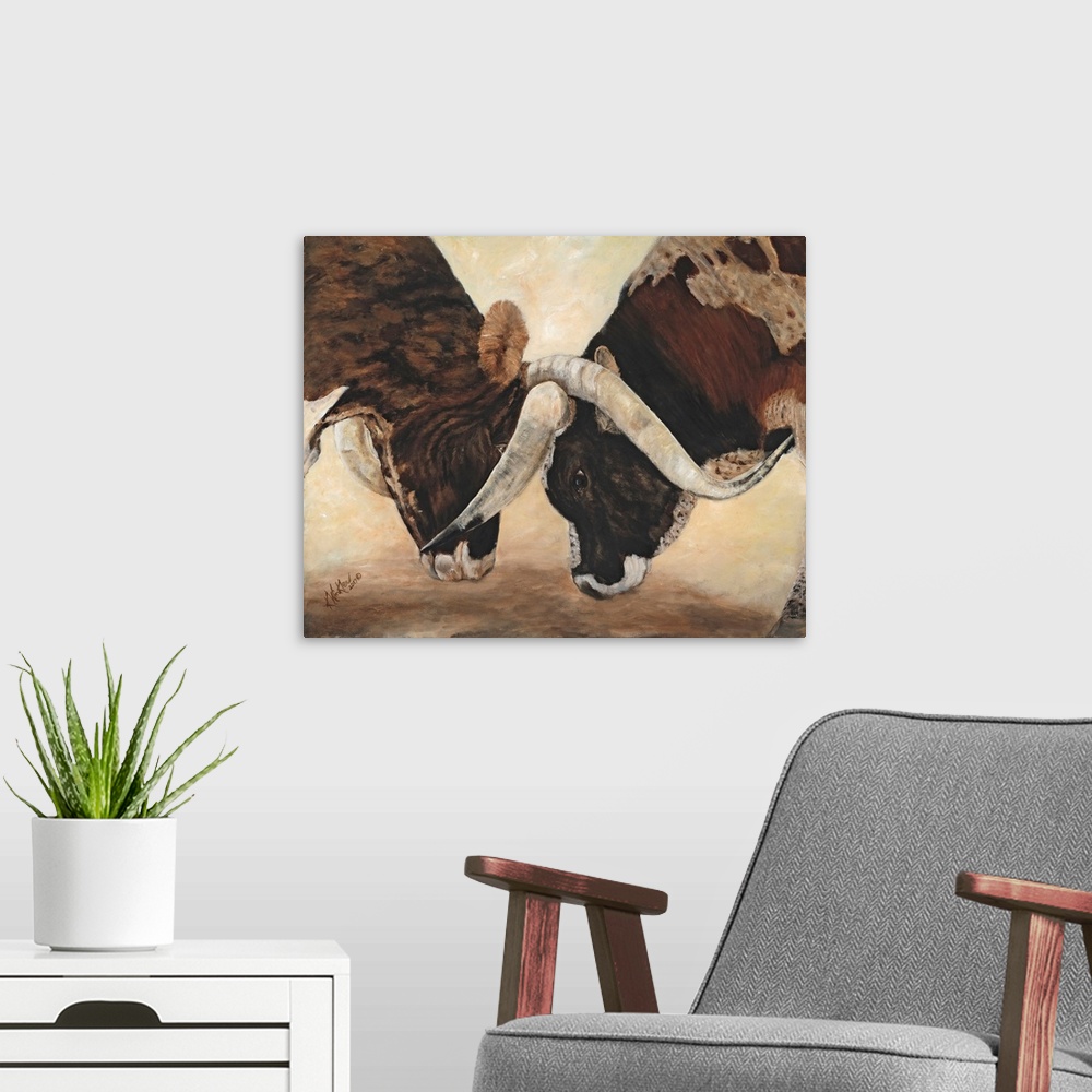 A modern room featuring Horizontal contemporary artwork of two bulls going head to head with locked horns.