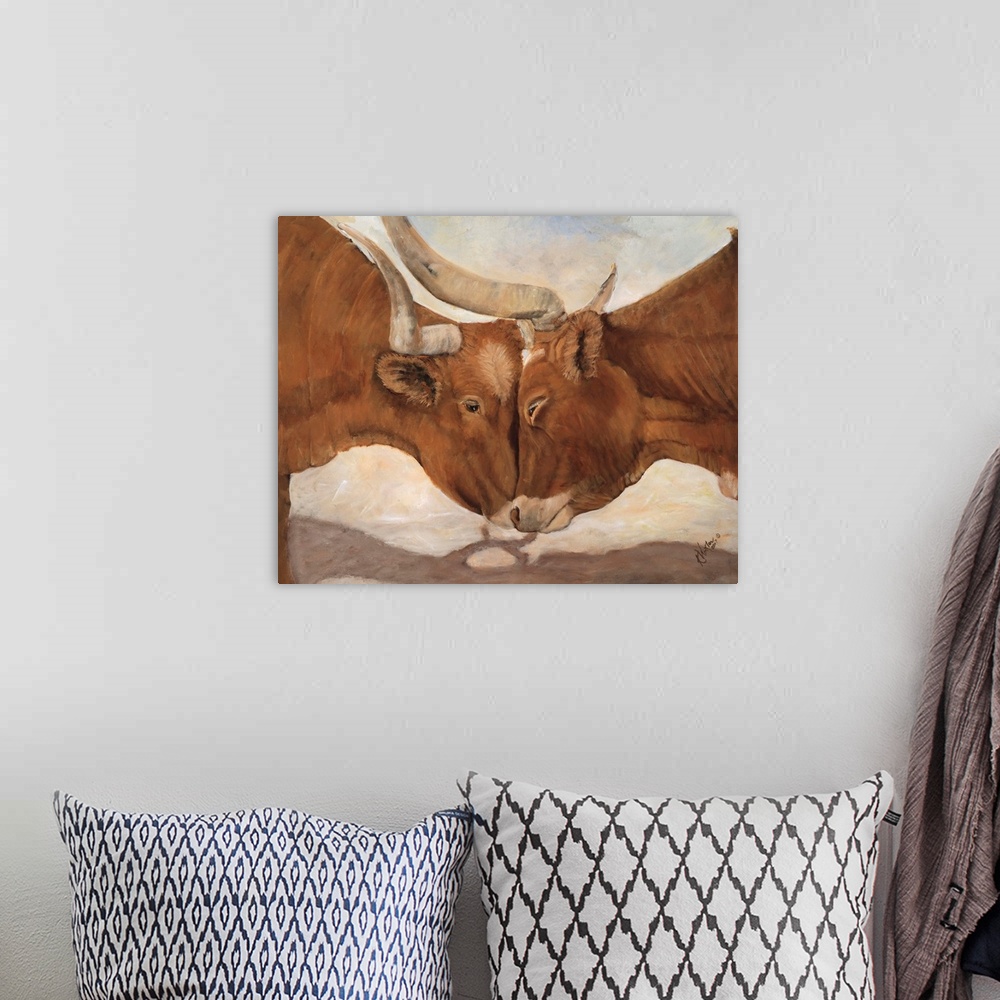 A bohemian room featuring Horizontal contemporary artwork of two bulls going head to head with locked horns.