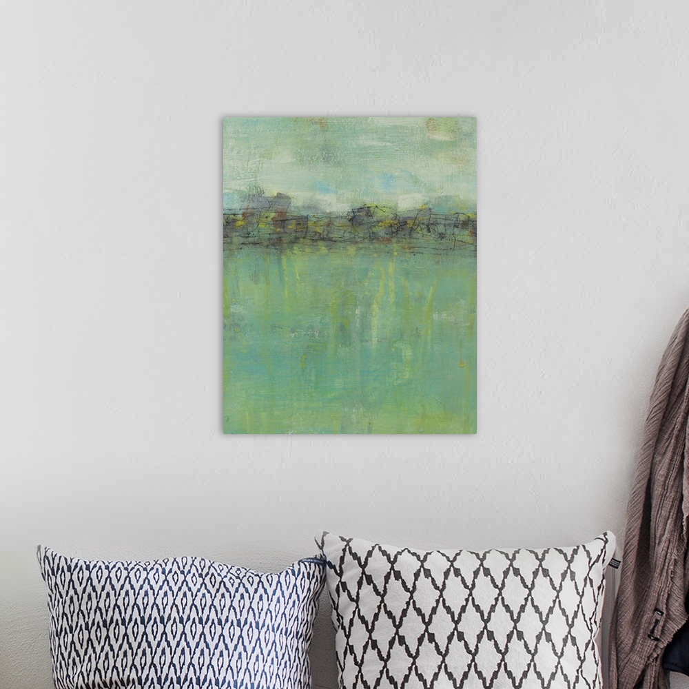 A bohemian room featuring Contemporary abstract painting using green and blue tones to create what looks like a field.