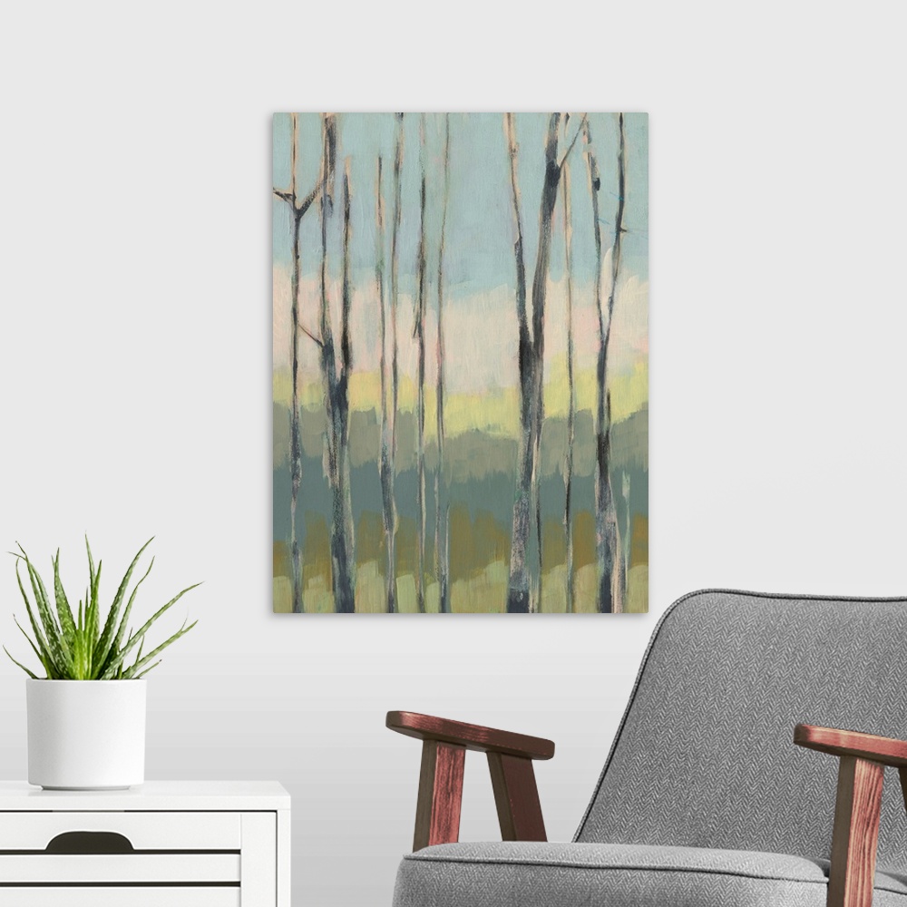 A modern room featuring Horizon Through The Trees I
