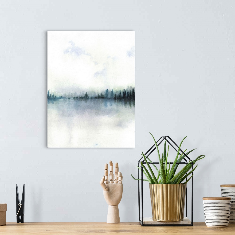 A bohemian room featuring Contemporary watercolor landscape painting looking at a dark horizon in pale distressed gray back...