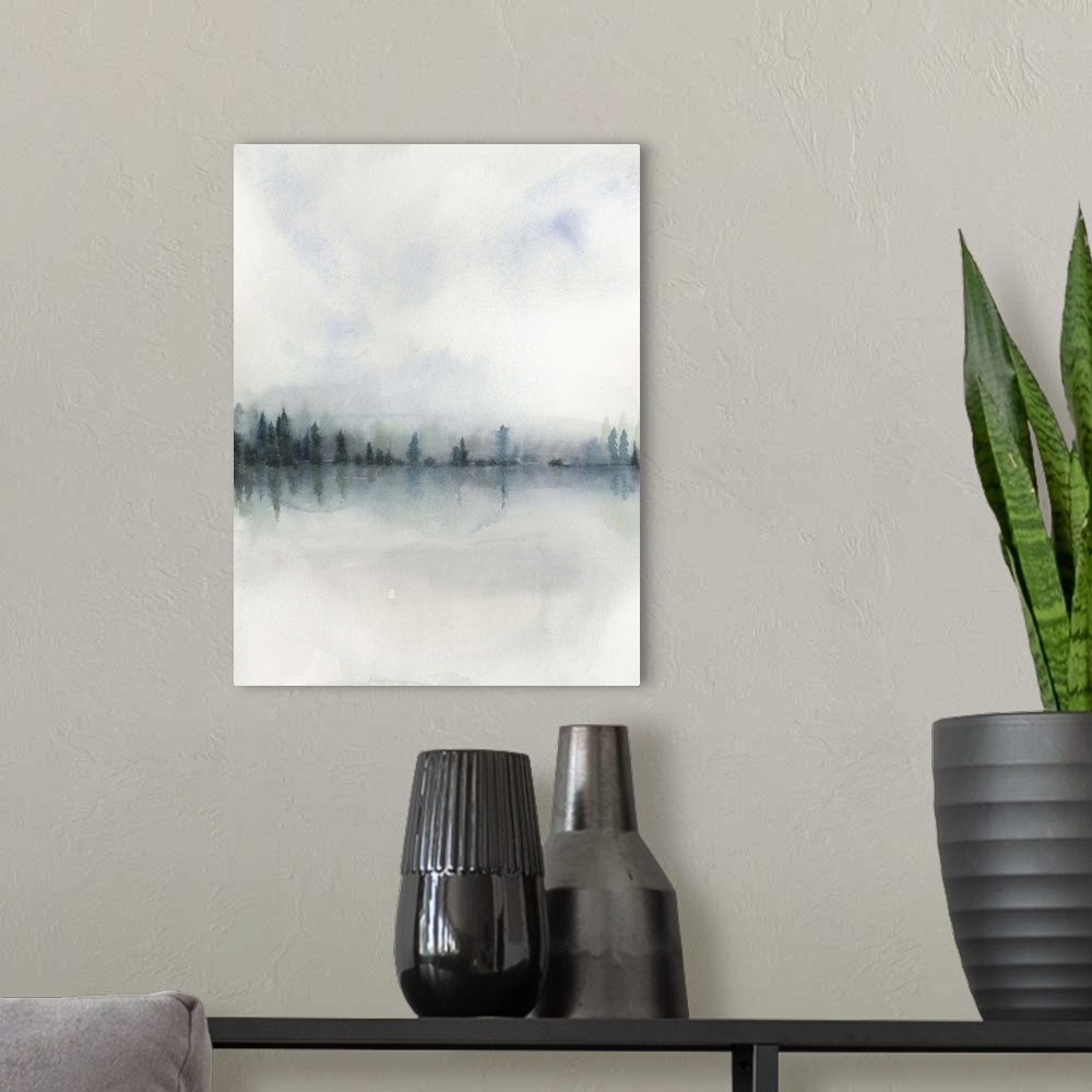 A modern room featuring Contemporary watercolor landscape painting looking at a dark horizon in pale distressed gray back...