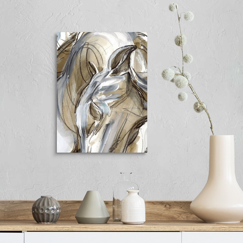 A farmhouse room featuring Abstract figurative painting of the close up view of a horse done in brown and white paint with s...