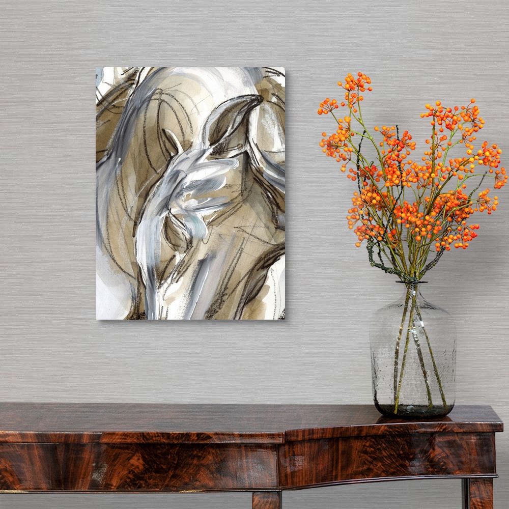 A traditional room featuring Abstract figurative painting of the close up view of a horse done in brown and white paint with s...