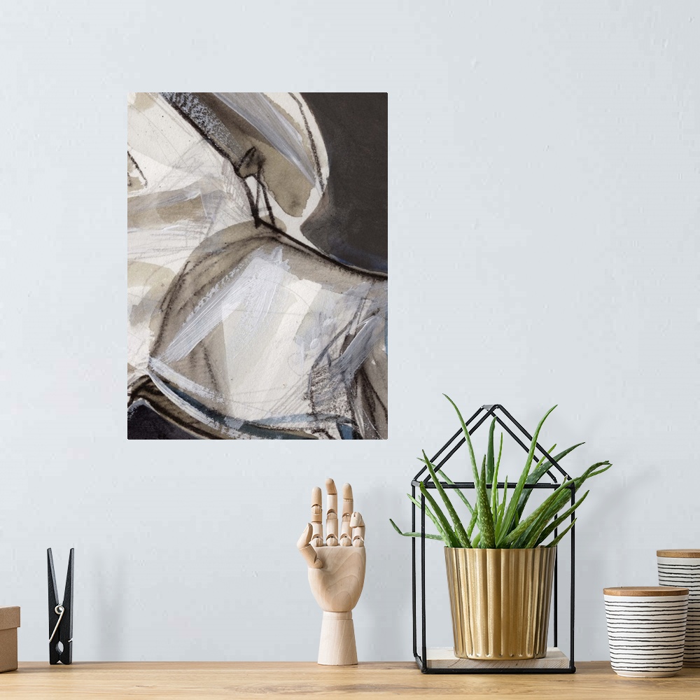A bohemian room featuring Abstract figurative painting of the close up view of a horse done in brown and white paint with s...