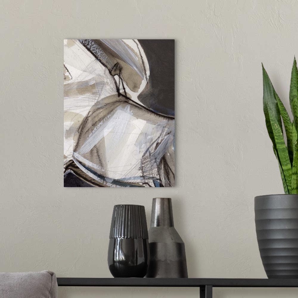 A modern room featuring Abstract figurative painting of the close up view of a horse done in brown and white paint with s...