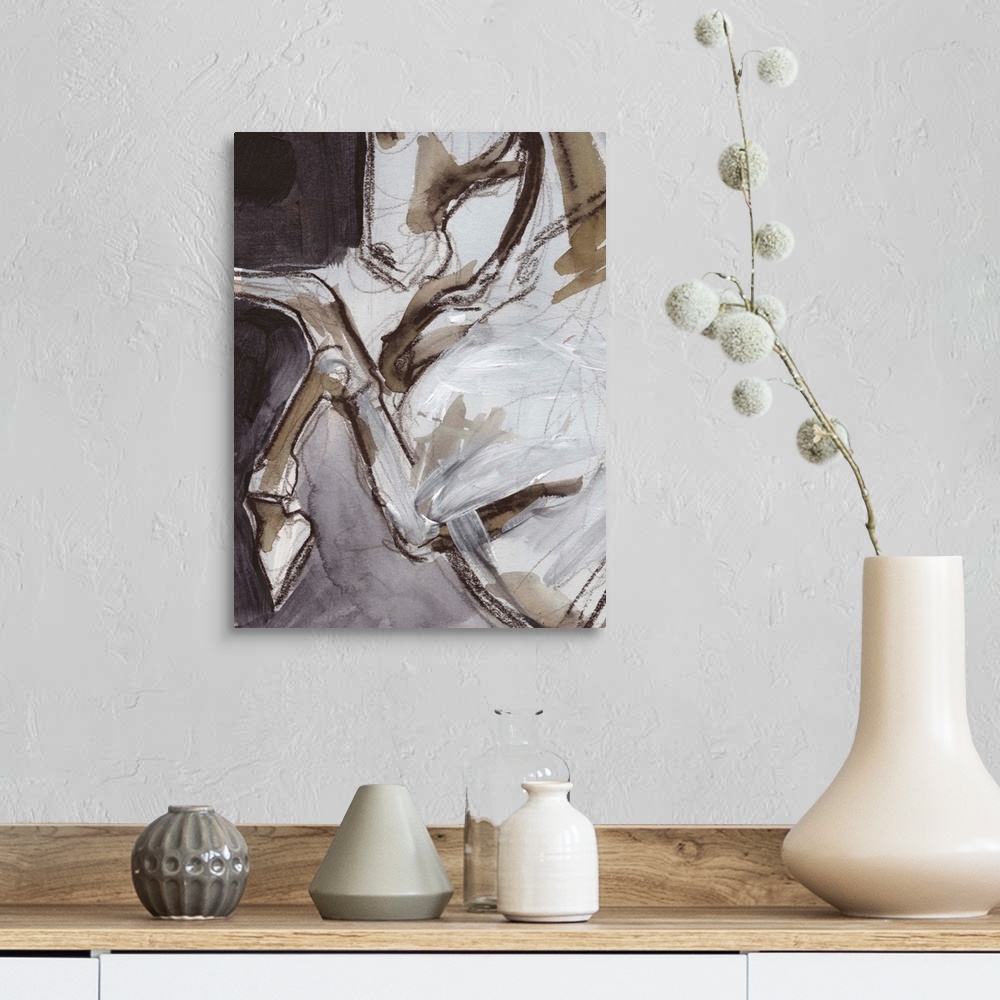 A farmhouse room featuring Abstract figurative painting of the close up view of a horse done in brown and white paint with s...