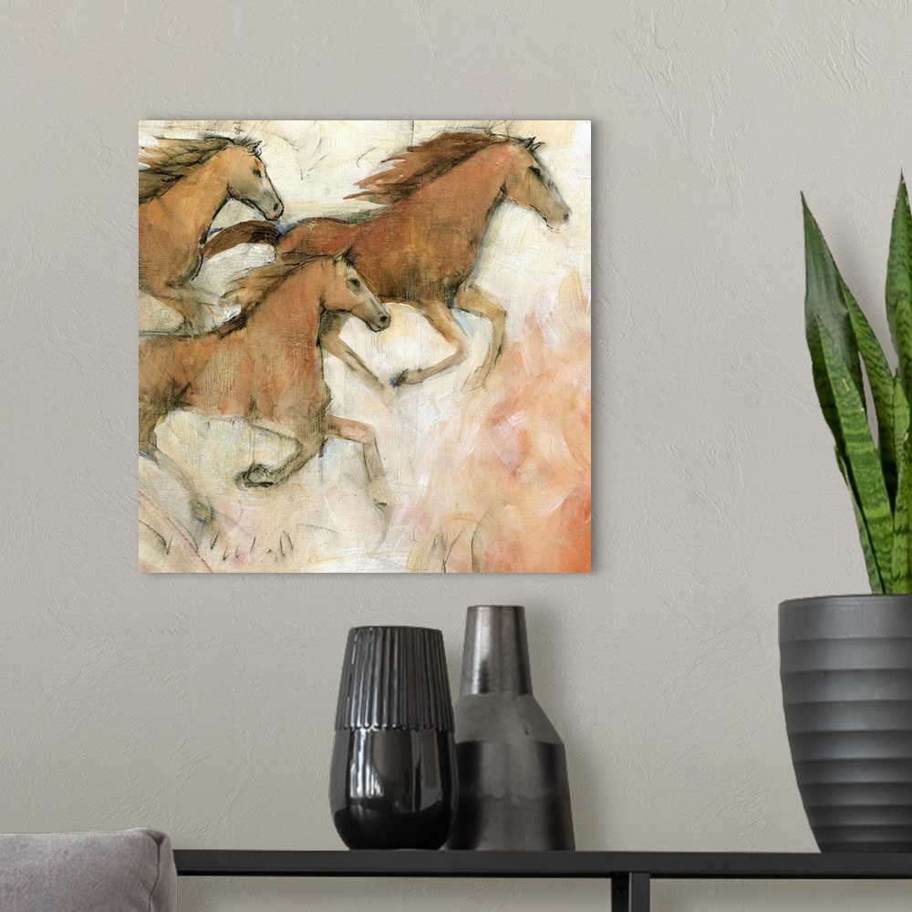 A modern room featuring Contemporary painting of galloping horses.