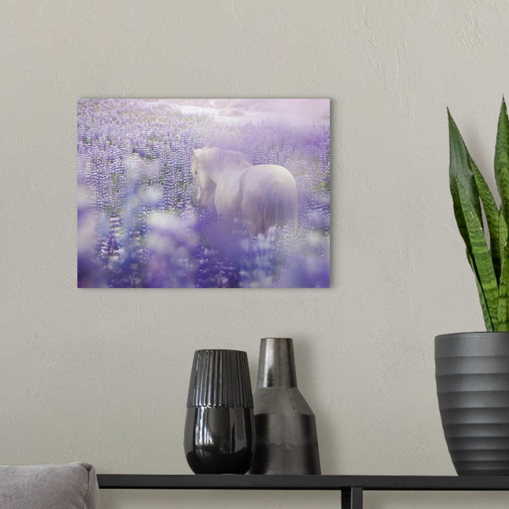 A modern room featuring Horse In Lavender IV
