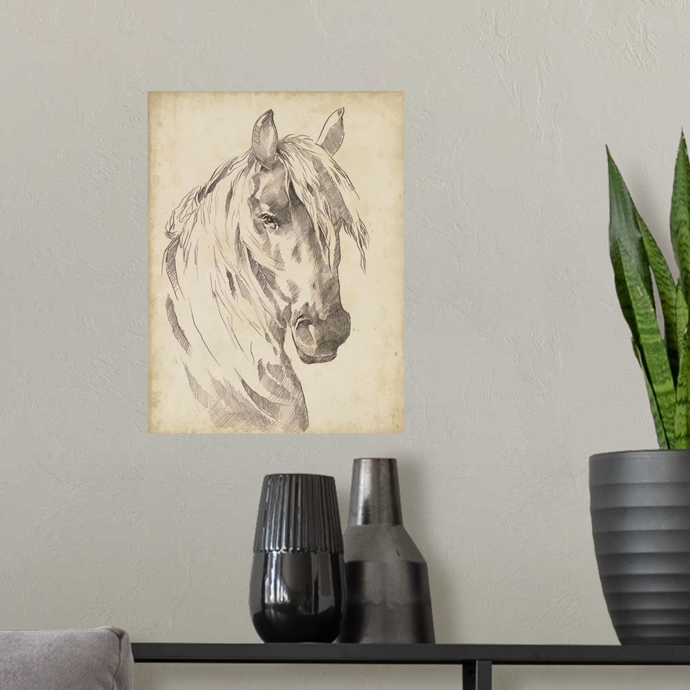 A modern room featuring Horse Portrait Sketch I