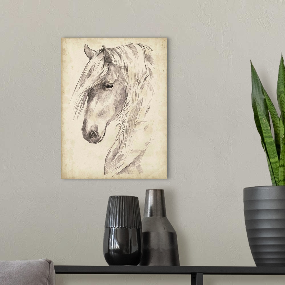 A modern room featuring Horse Portrait Sketch II