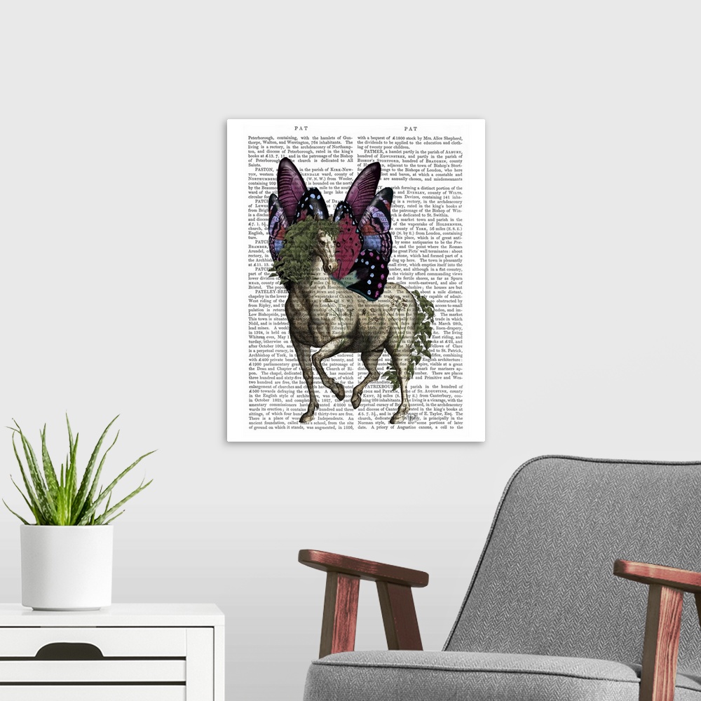 A modern room featuring Decorative artwork of a horse with butterfly wings painted on the page of a book.