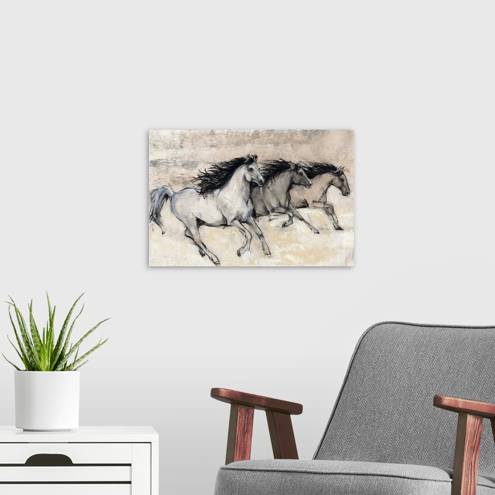 A modern room featuring Contemporary artwork of a herd of horses galloping at fast pace.