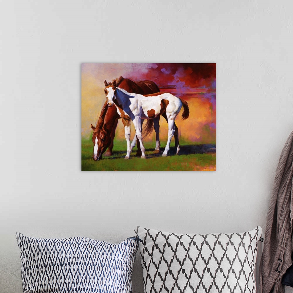 A bohemian room featuring Two beautifully drawn horses stand in a grassy field with colorful smoke behind them.