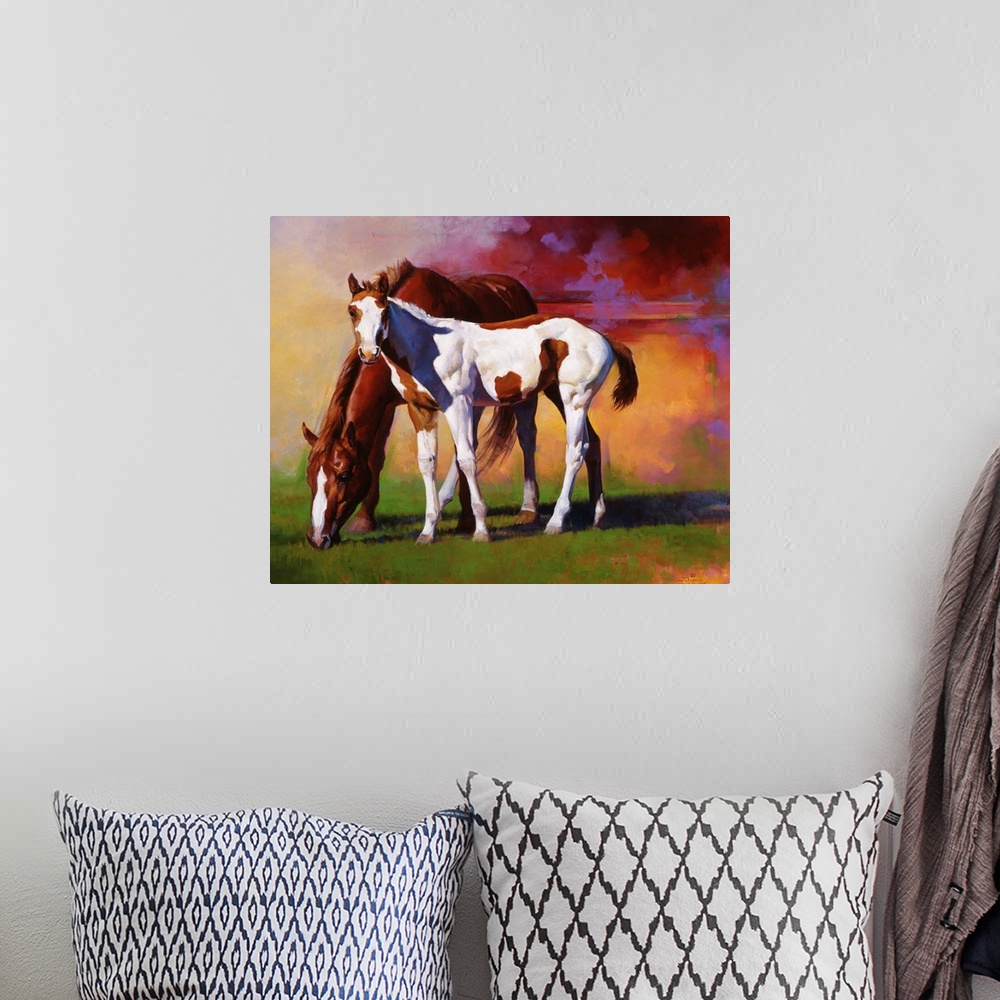 A bohemian room featuring Two beautifully drawn horses stand in a grassy field with colorful smoke behind them.