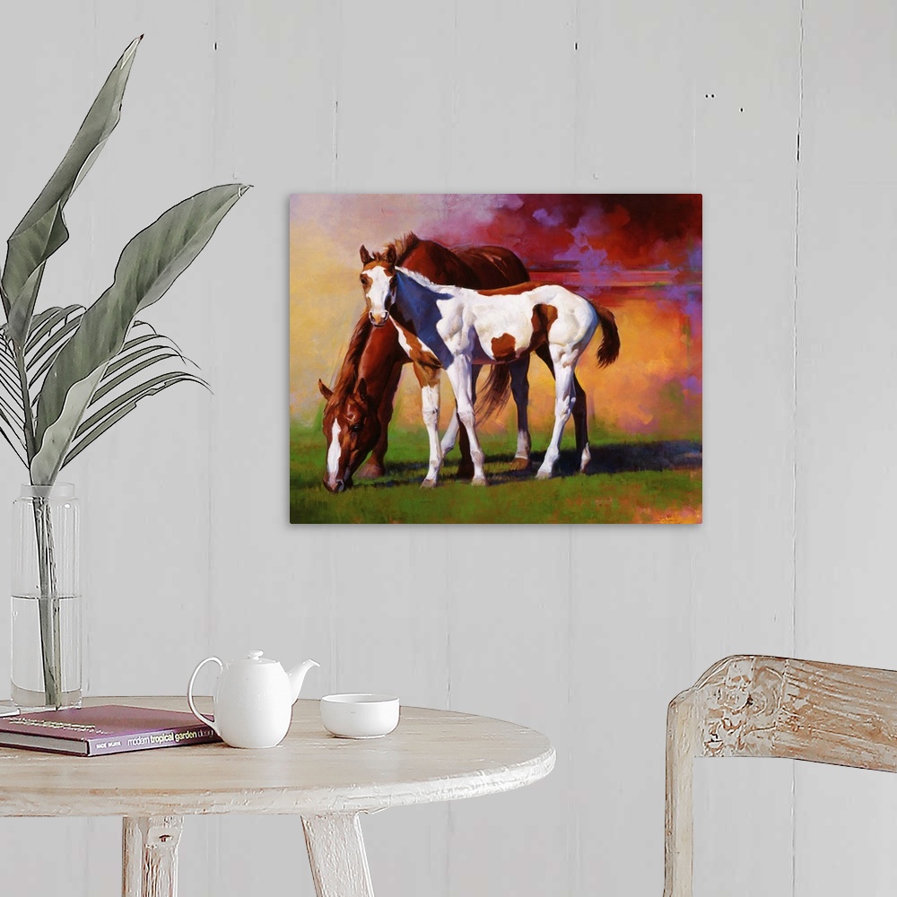 A farmhouse room featuring Two beautifully drawn horses stand in a grassy field with colorful smoke behind them.