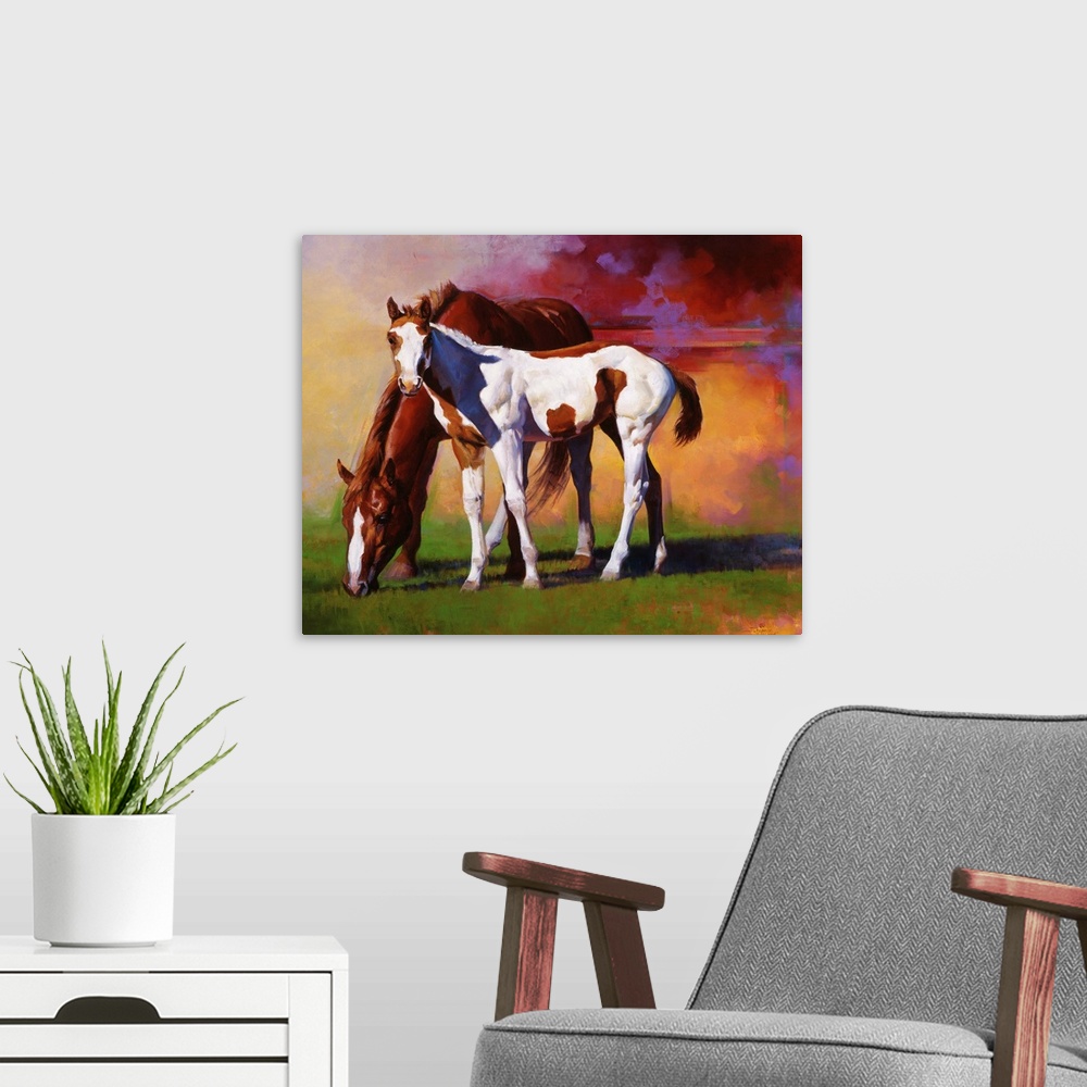 A modern room featuring Two beautifully drawn horses stand in a grassy field with colorful smoke behind them.