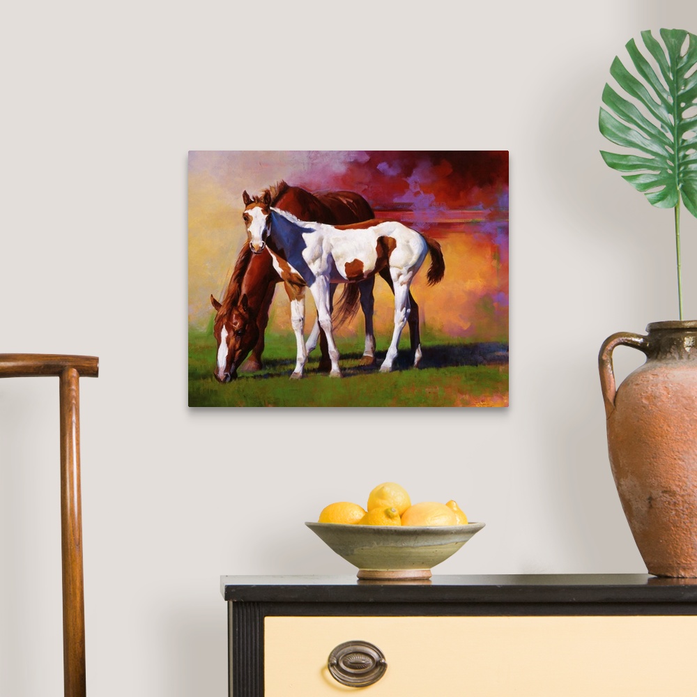 A traditional room featuring Two beautifully drawn horses stand in a grassy field with colorful smoke behind them.