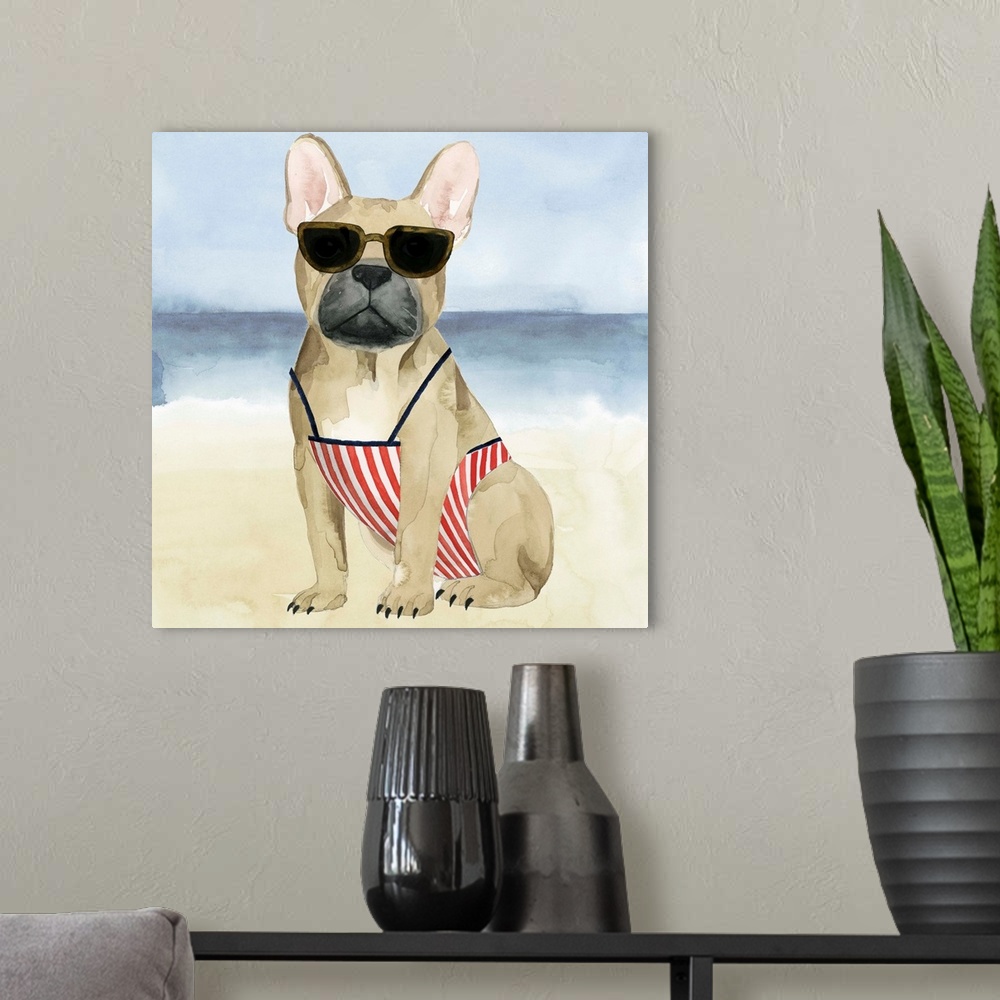 A modern room featuring Square watercolor painting of a boxer wearing a bathing suit and sunglasses on a beach.