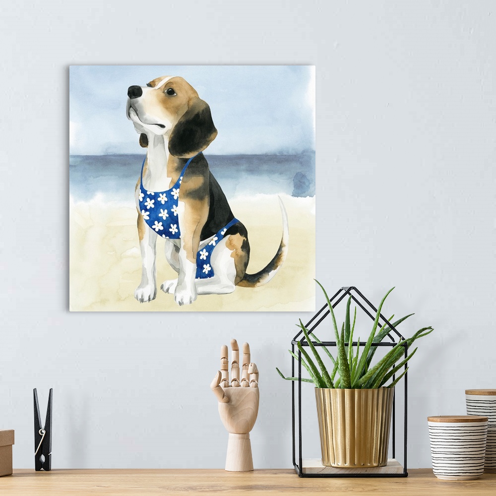 A bohemian room featuring Square watercolor painting of a beagle wearing a bathing suit on the beach.