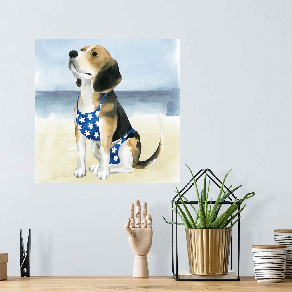 A bohemian room featuring Square watercolor painting of a beagle wearing a bathing suit on the beach.