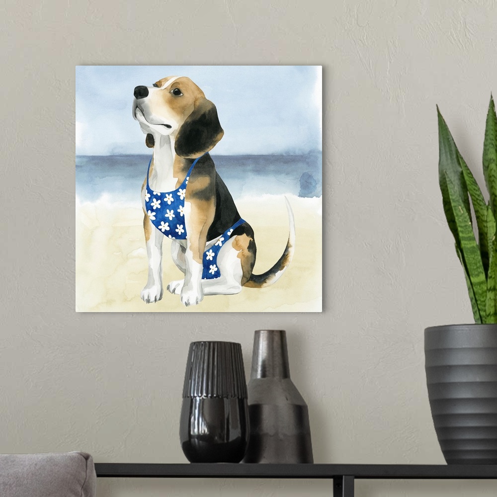 A modern room featuring Square watercolor painting of a beagle wearing a bathing suit on the beach.