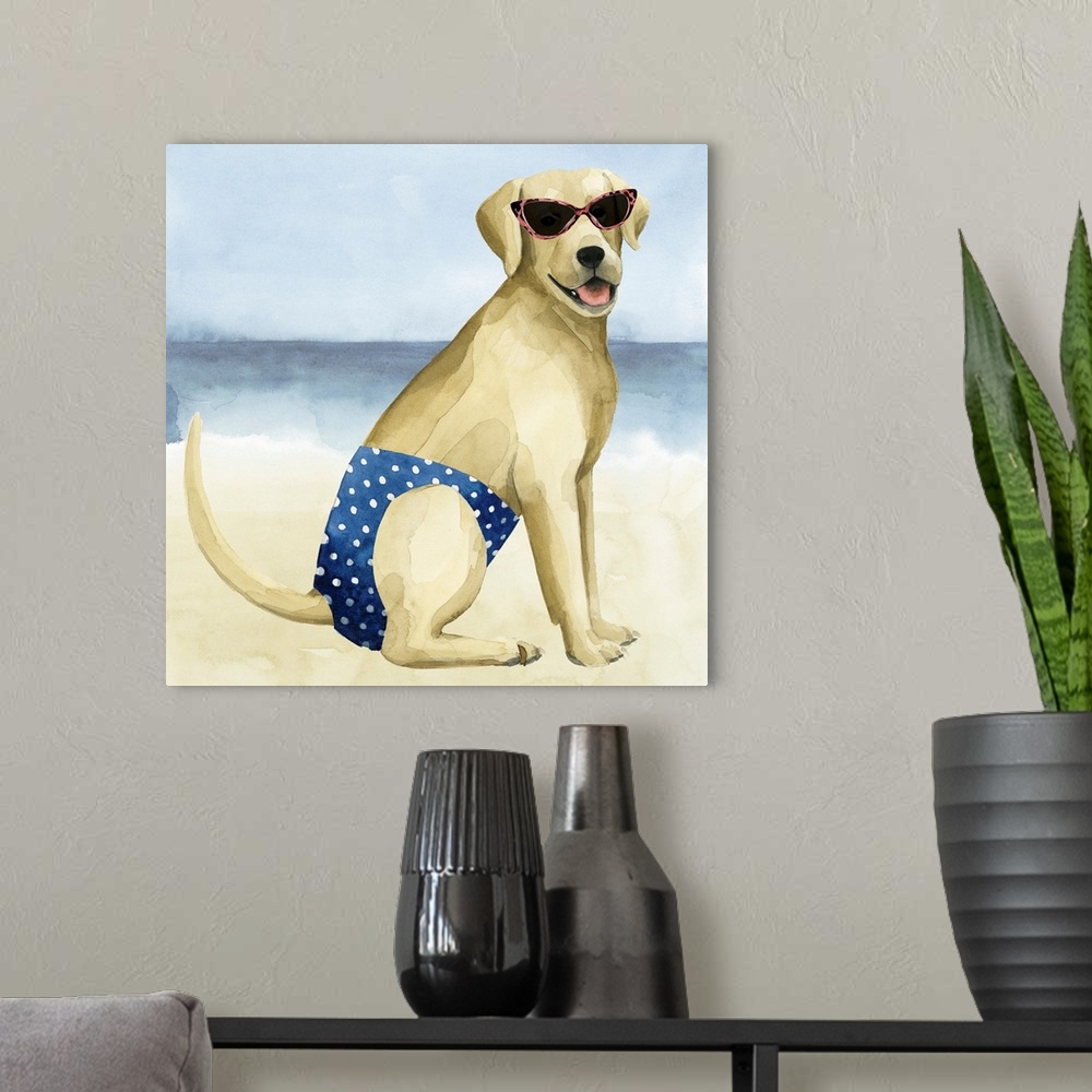 A modern room featuring Square watercolor painting of a Labrador wearing a bathing suit and sunglasses on a beach.