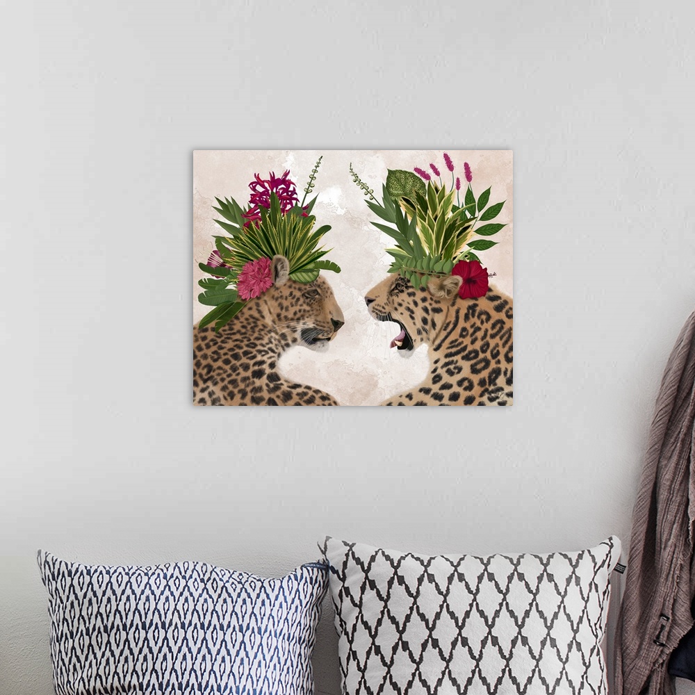 A bohemian room featuring Hot House Leopards, Pair, Pink Green
