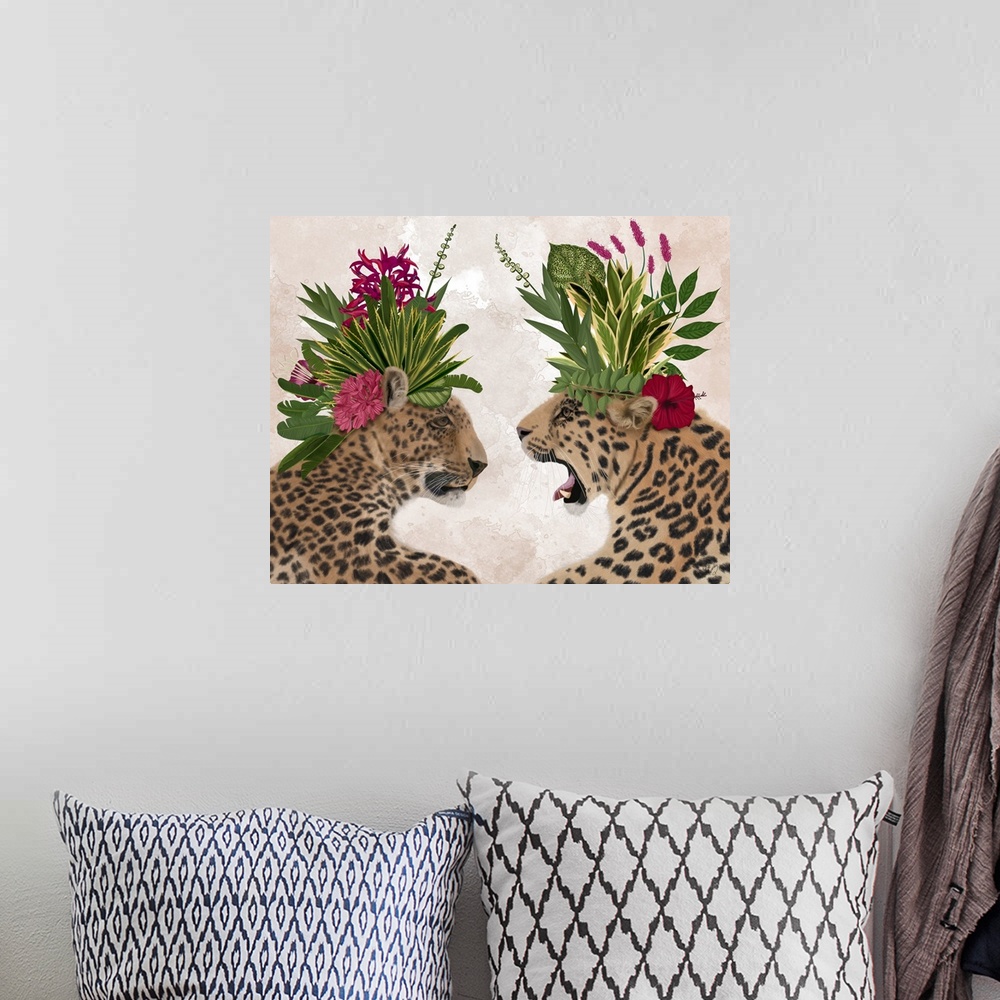A bohemian room featuring Hot House Leopards, Pair, Pink Green