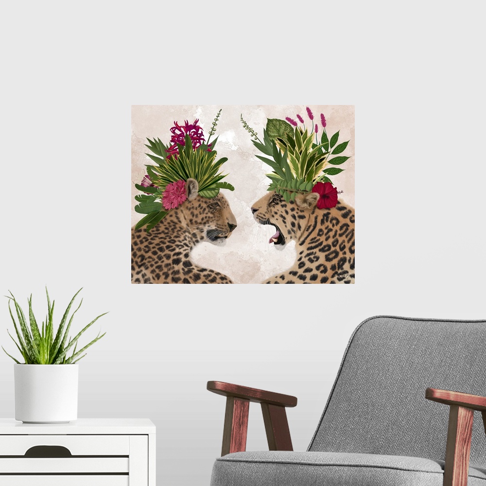 A modern room featuring Hot House Leopards, Pair, Pink Green