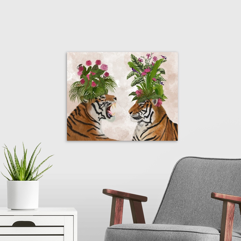 A modern room featuring Hot House Tigers, Pair, Pink Green