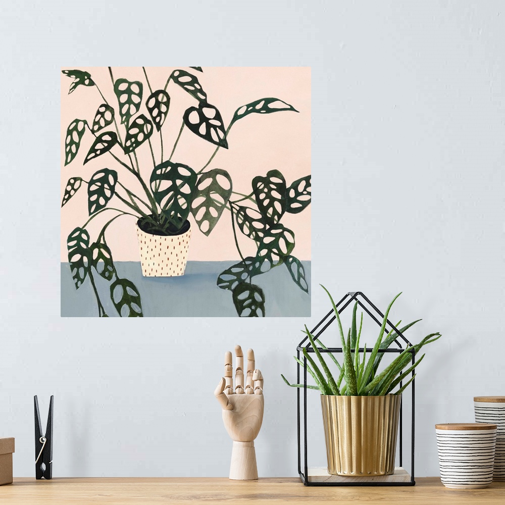 A bohemian room featuring Modern painting of a leafy houseplant in a cream colored pot with spots on a muted blue and cream...