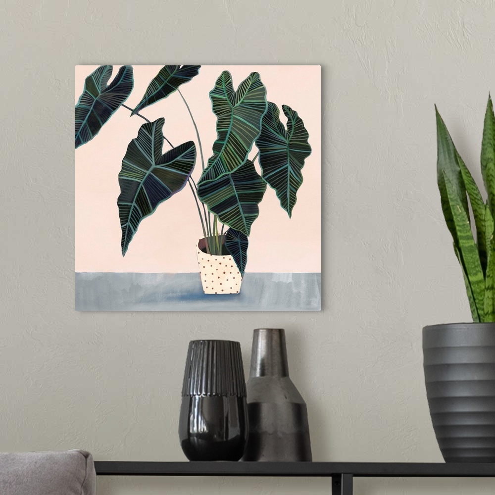 A modern room featuring Modern painting of a leafy houseplant in a cream colored pot with spots on a muted blue and cream...