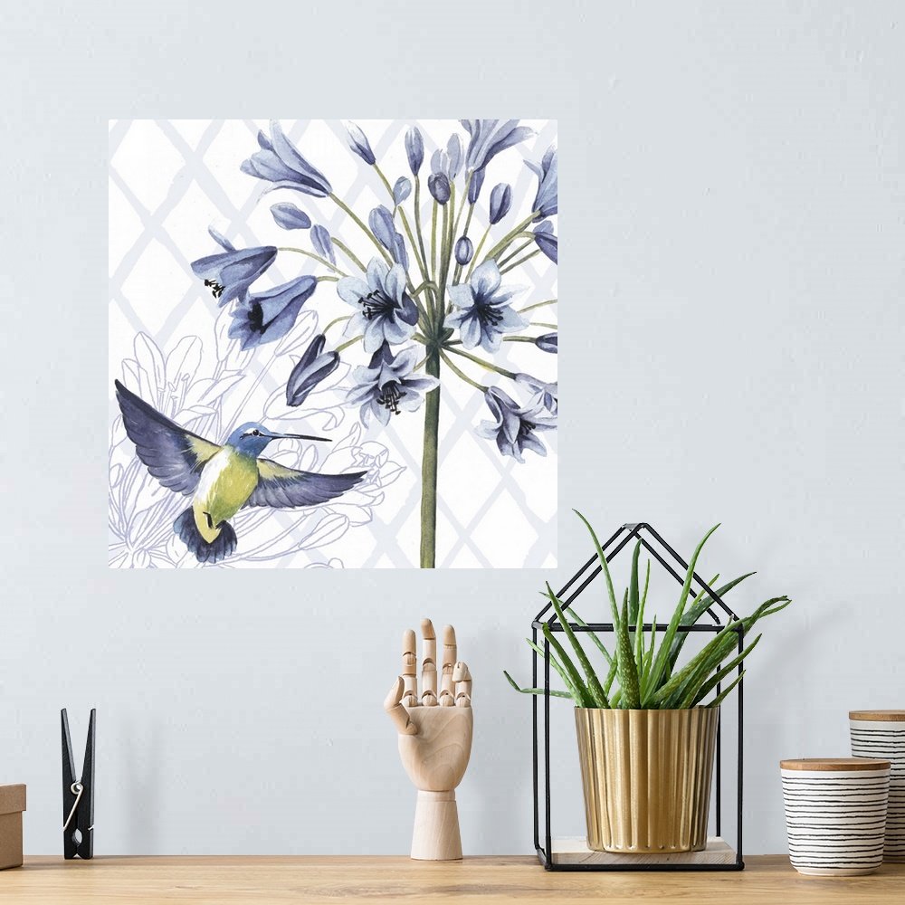 A bohemian room featuring Floral painting with a hummingbird and a white patterned background.