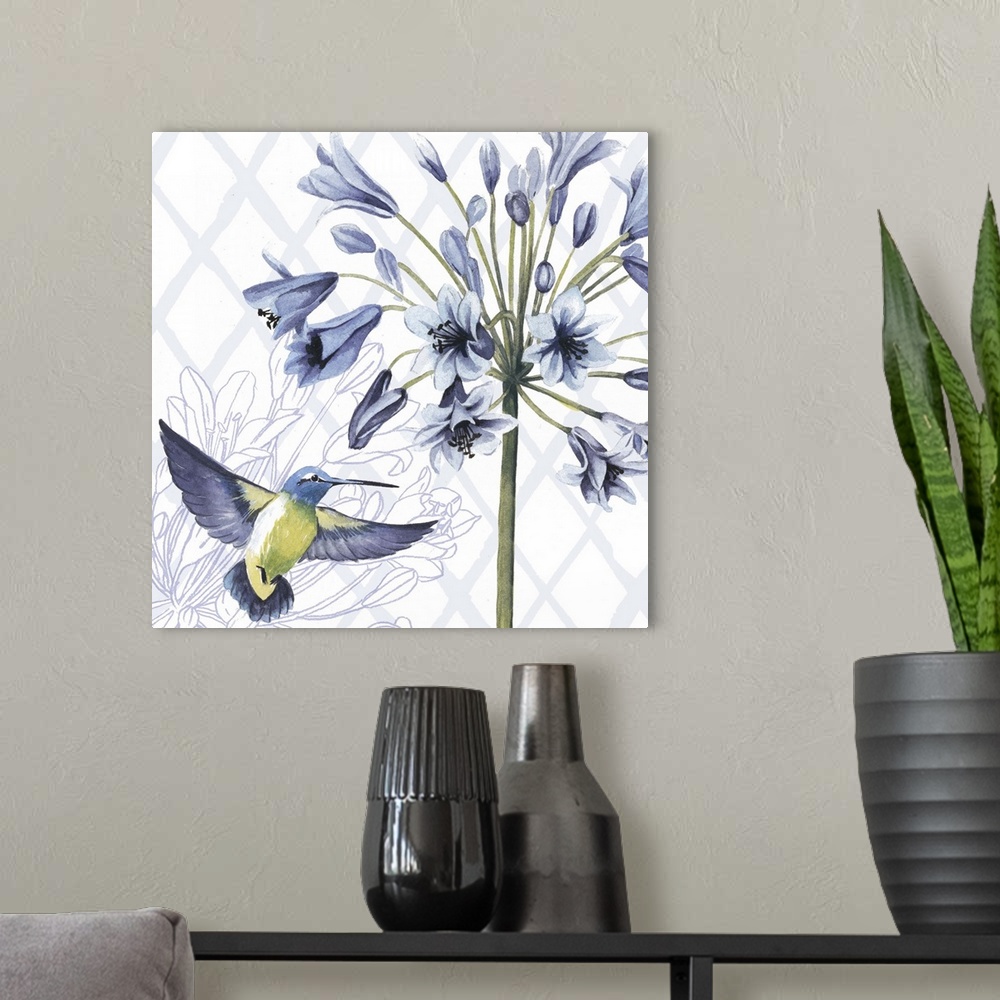 A modern room featuring Floral painting with a hummingbird and a white patterned background.